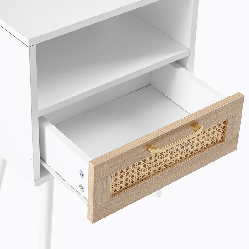 Table d'appoint avec tiroir, table de chevet moderne et pieds en bois massif Racie, Blanc/chêne