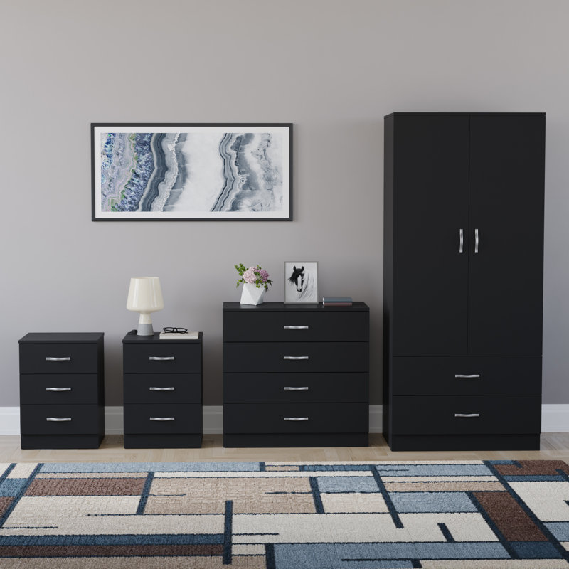 Tayce 4 Piece Bedroom Set (3 Drawer Bedside Chest X2, 4 Drawer Chest, 2 Door 2 Drawer Wardrobe), Black