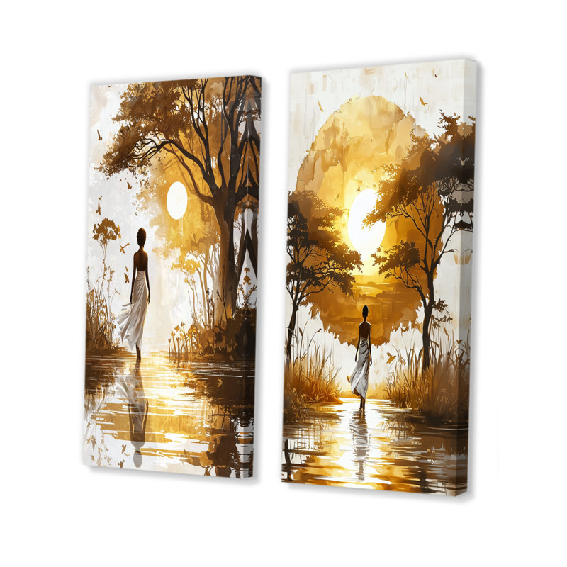 Voyage jaune en Afrique dans le désert du désert I - ensemble d'art mural paysage africain 2 pièces, H 28 po x l 24 po