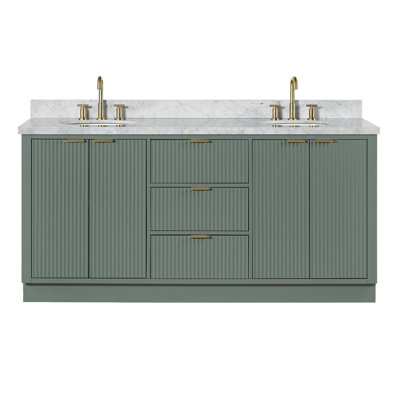 Meuble-lavabo double en bois massif 72 po avec plateau en marbre de Carrare Haun 72 po