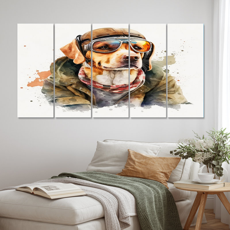 Aviateur chien avec lunettes de soleil I - reproduction d'art animalier - 5 panneaux égaux