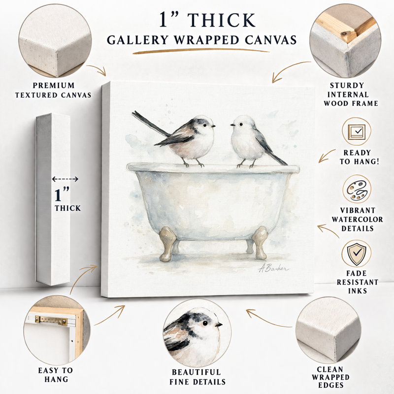 "Tweet & Tidy – Bath Time Birds" Wrapped Canvas Print, 12" H x 12" W