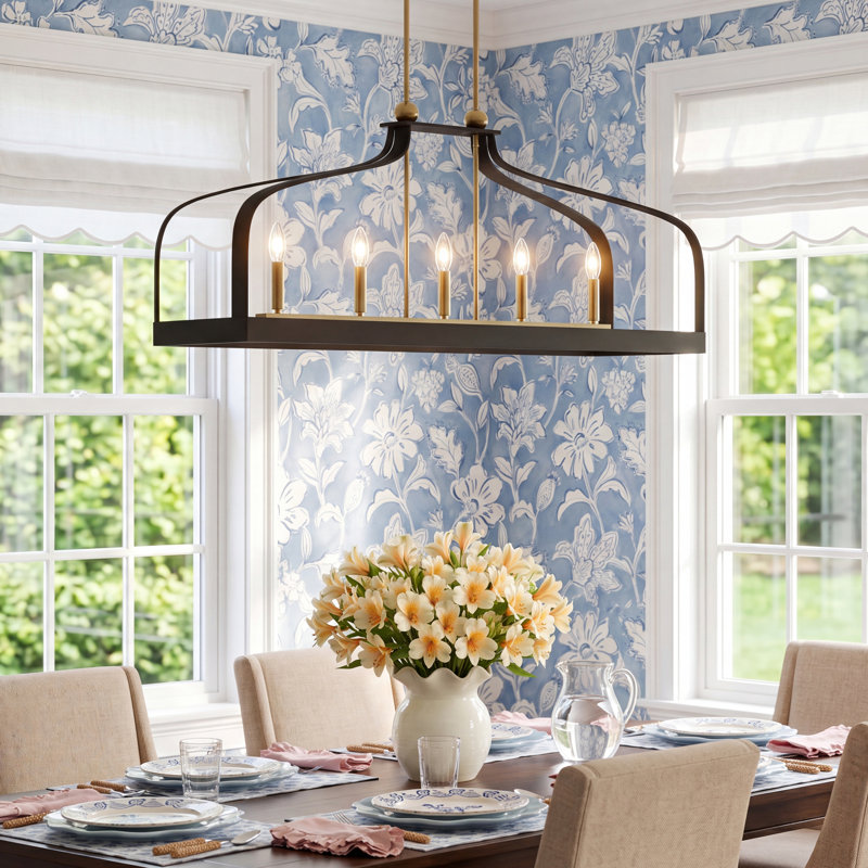 Kenmore 5 - Light Kitchen Island Rectangle Chandelier in Matte Black/Brass, Matte Black/Brass