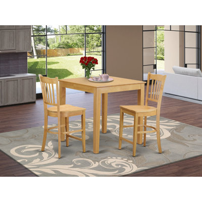 Ensemble de salle à manger 3 pièces à hauteur de comptoir pour petits espaces comprenant une table carrée en bois et 2 chaises de cuisine, chêne