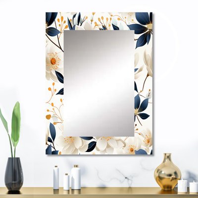 Arnhildur Blue And White Essence Petals Blooms Floral Pattern - Floral Decorative Mirror, Cottage Wall Mirror, Printed Metal Art