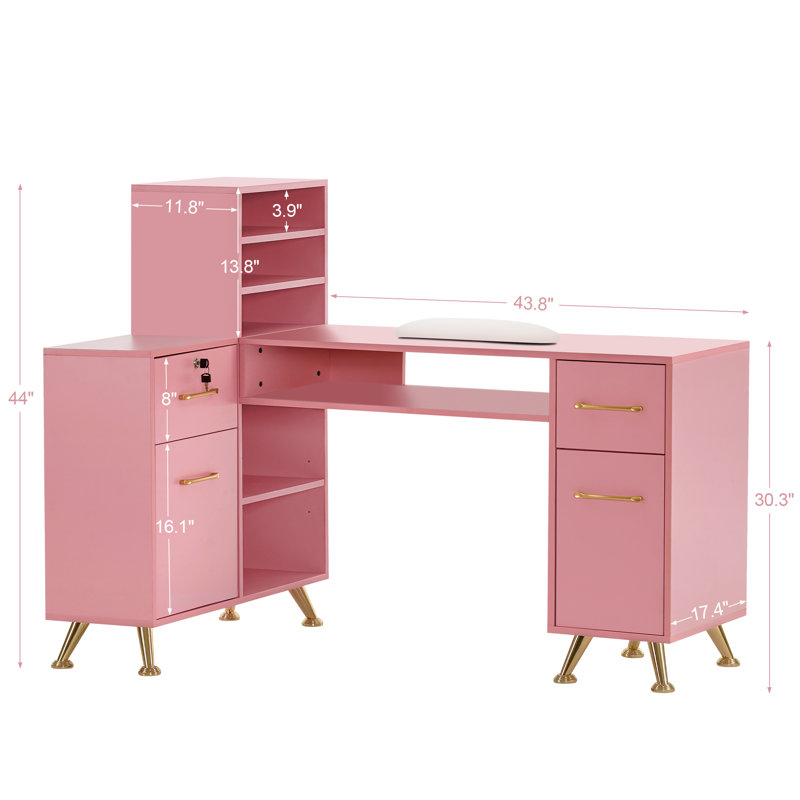 BarberPub L-Shape Nail Desk with Multiple Drawer and Storage Cabinet, Pink/Gold
