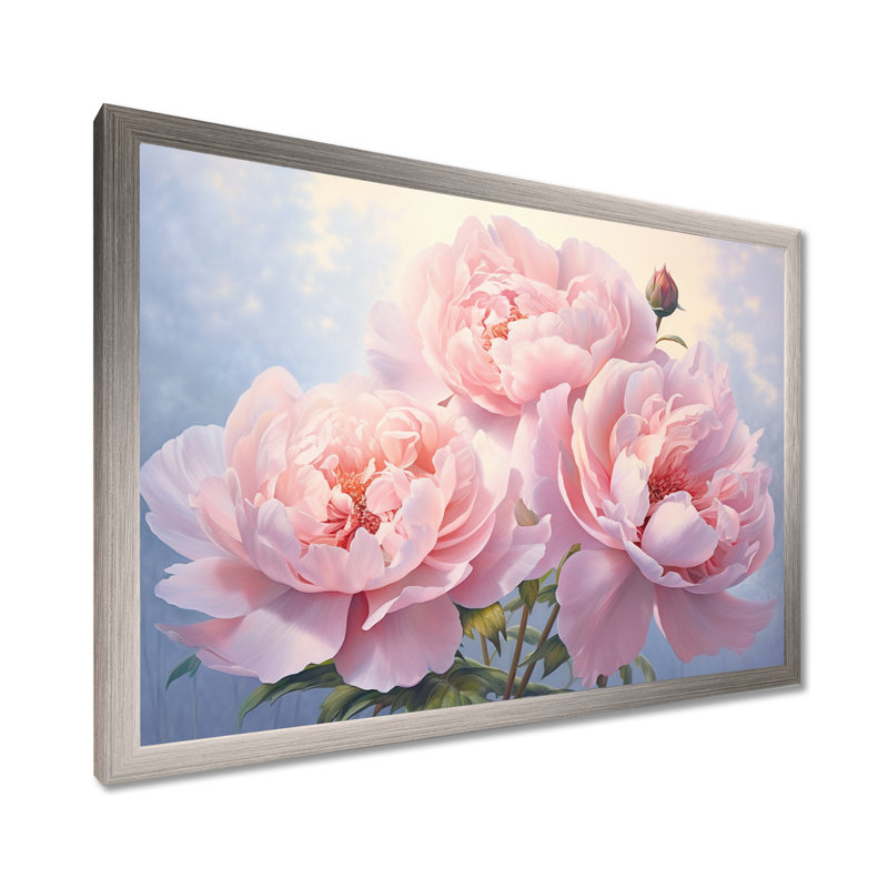 Pivoine rose II - art mural floral, H 24 po x l 32 po x P 1 po, Cadre simple argenté
