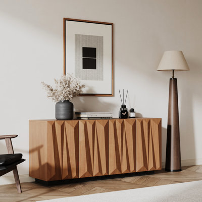 60'' Tv Stand And Sideboard With 3D Triangular Door Layout, 4 - Storage, Walnut Shade Doors, Design, Timber, For Versatile Use