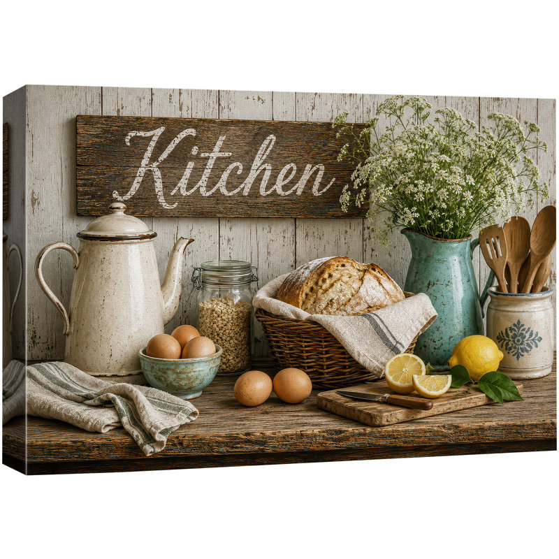 Œuvre d'art de campagne rétro vintage, pain de cuisine et citron, images de cuisine, impression sur toile encadrée