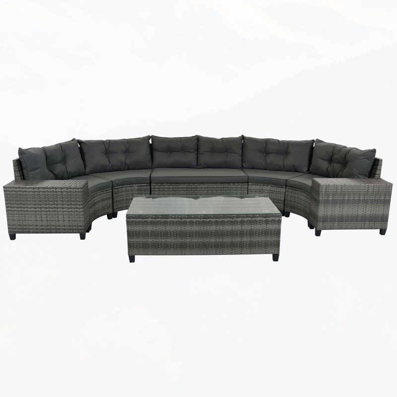 8-pieces Outdoor Wicker Round Sofa Set, Half-Moon Sectional Sets All Weather, Curved Sofa Set With Rectangular Coffee Table, PE Rattan Water-resistant and UV Protected, Movable Cushion