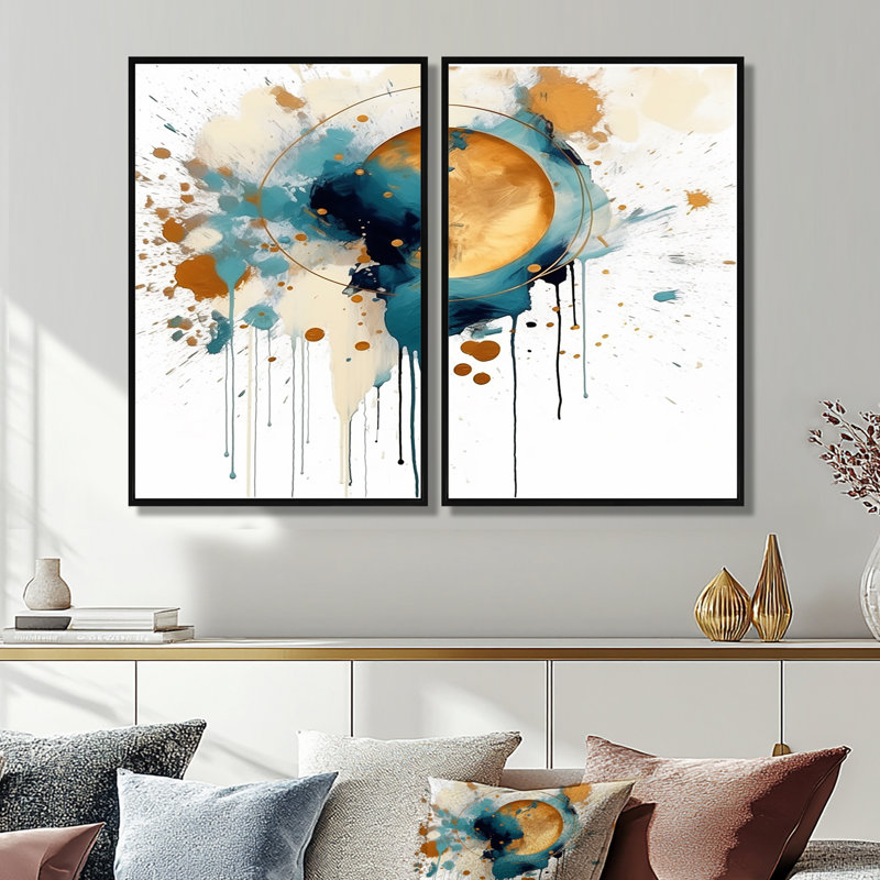 Teal Adn Gold Elegance I - Art mural bleu sarcelle 2 panneaux, Noir, noir, noir, noir, H 36 po x l 48 po