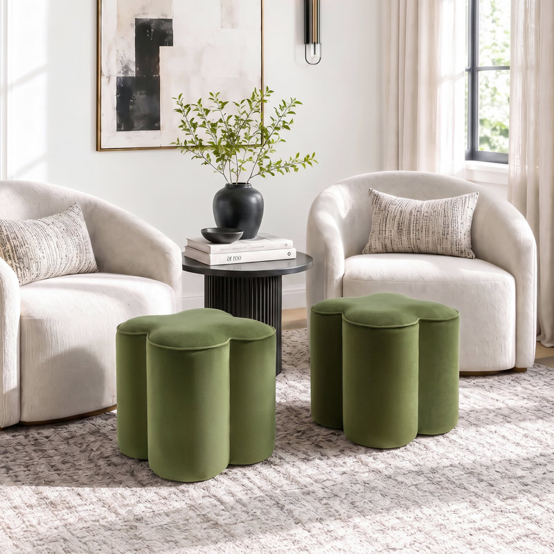 Pouf d'appoint moderne Leiani en velours, forme trèfle, 47 cm de large, pour salon, chambre et coiffeuse, Velours vert