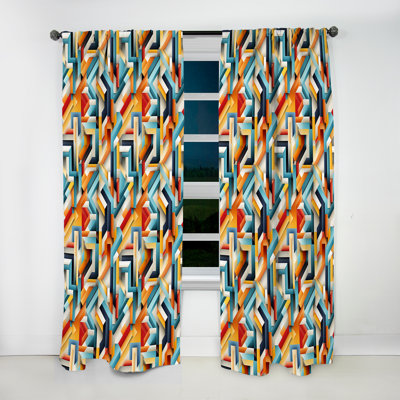 Blue And Orange Geo Haze I - Modern Curtain - Velvet Room Darkening - 1 Panel