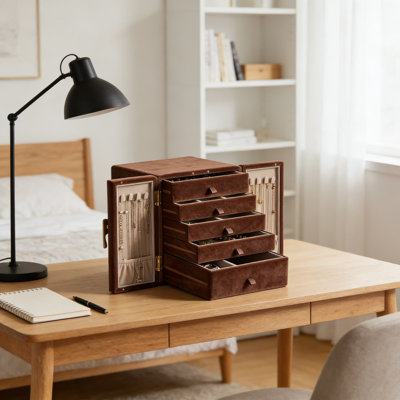 Organisateur de boîte à bijoux en bois à 5 couches avec fermeture magnétique, rangement de grande capacité pour colliers, bagues, boucles d'oreilles, montres et bijoux, poignée élégante en feuille de ginkgo en laiton