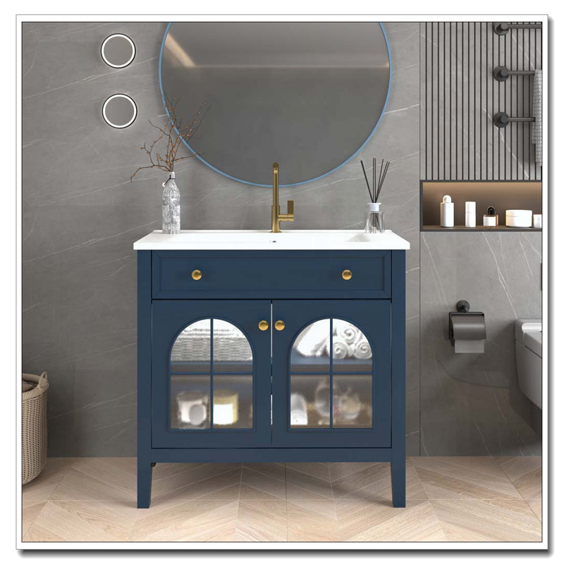 35.6" Bathroom Cabinet, Bleu + lavabo + 2 portes