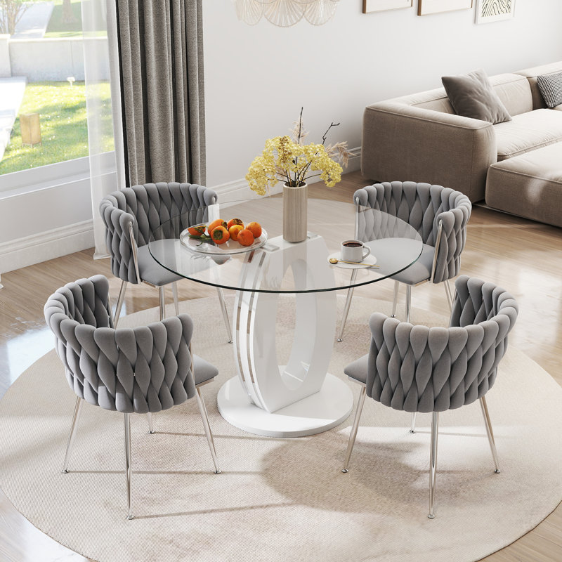 Modern Round Tempered Glass Pedestal Dining Set with Velvet Woven Dininig Chair, Black/Gold, Green