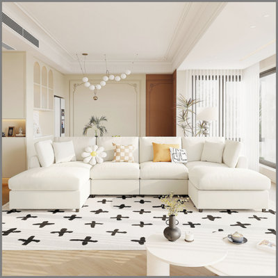 128" Large U-Shaped Sectional Sofa with 2 Movable Ottomans, Chenille Fabric, Modular Design for Living Room, Home Theater, Spacious Space