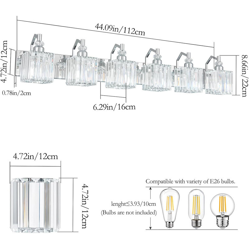 Luminaire de salle de bain moderne à 6 lumières avec abat-jour en cristal pour un éclairage de miroir élégant, Chrome chrome
