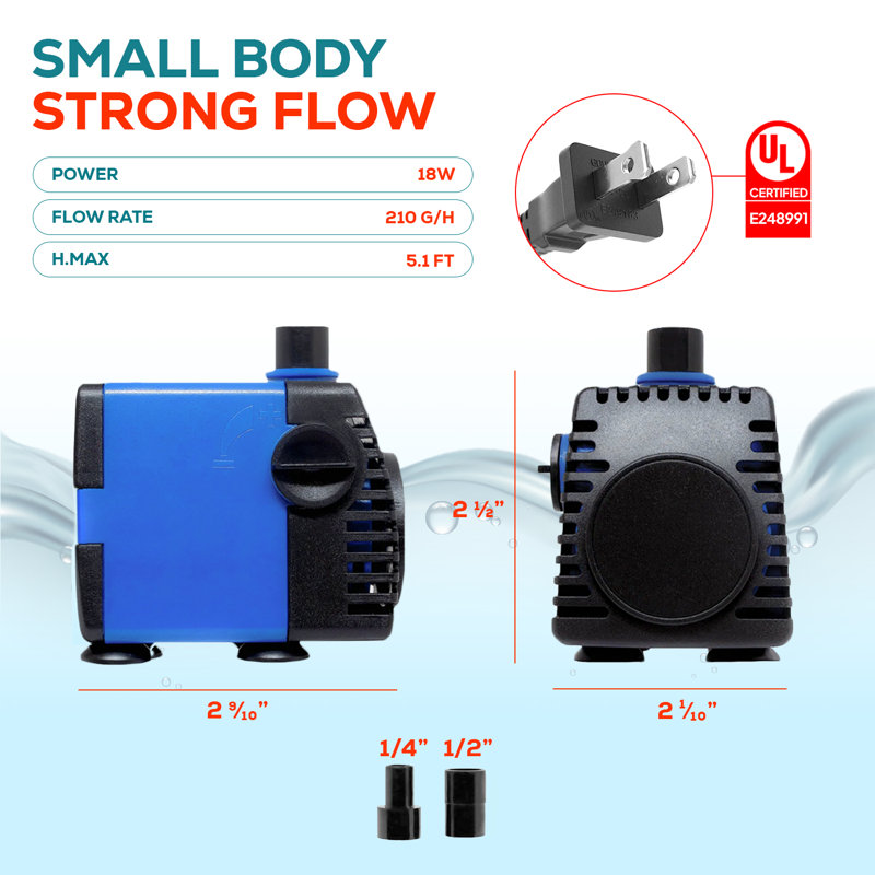 Pompe submersible Aqua Dream 211 GPH - Pompe à eau ultra silencieuse réglable de 18 W pour aquariums et fontaines, levée maximale de 5,1 pi, pompe de réservoir de poissons hydroponique intérieur / extérieur