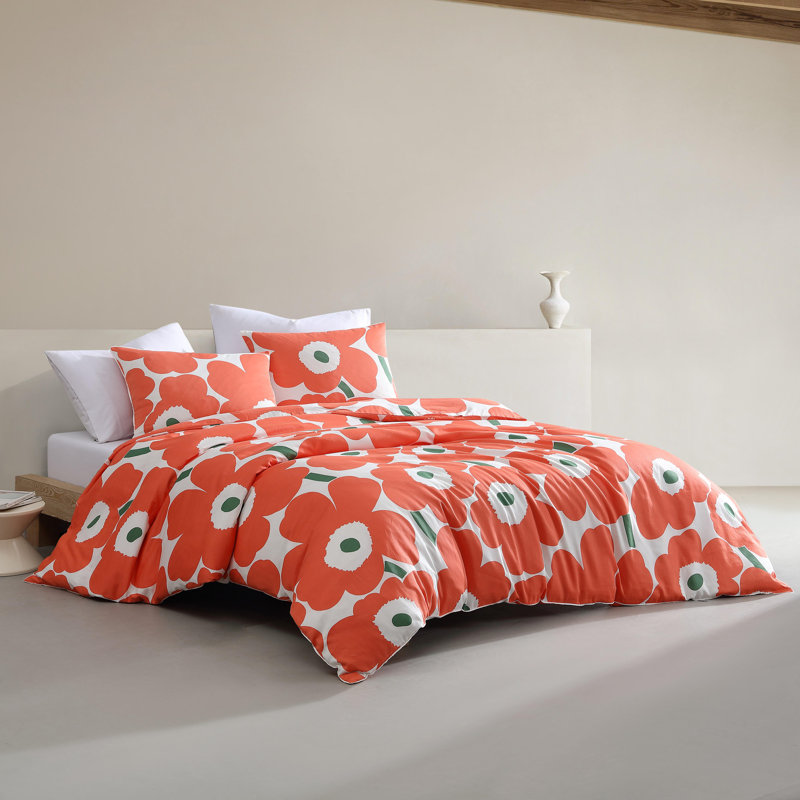 Unikko Orange/Green/White Organic Cotton Duvet Cover Set, Orange/Green/White, Queen Duvet Cover + 2 Standard Shams