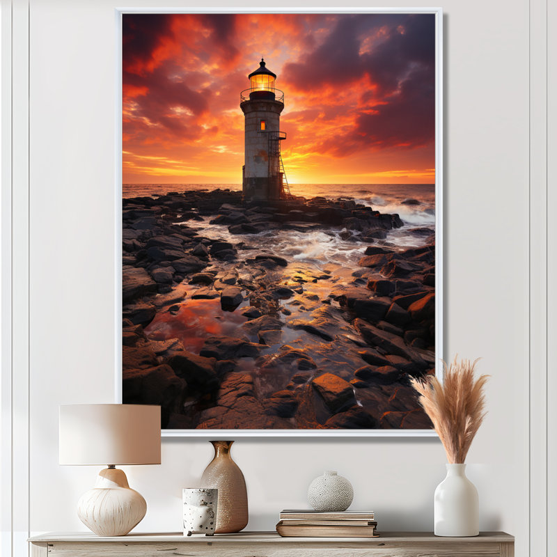 Phare sur le rocher essaim rouge océan coucher de soleil - art mural phares, Toile encadrée flottée blanche