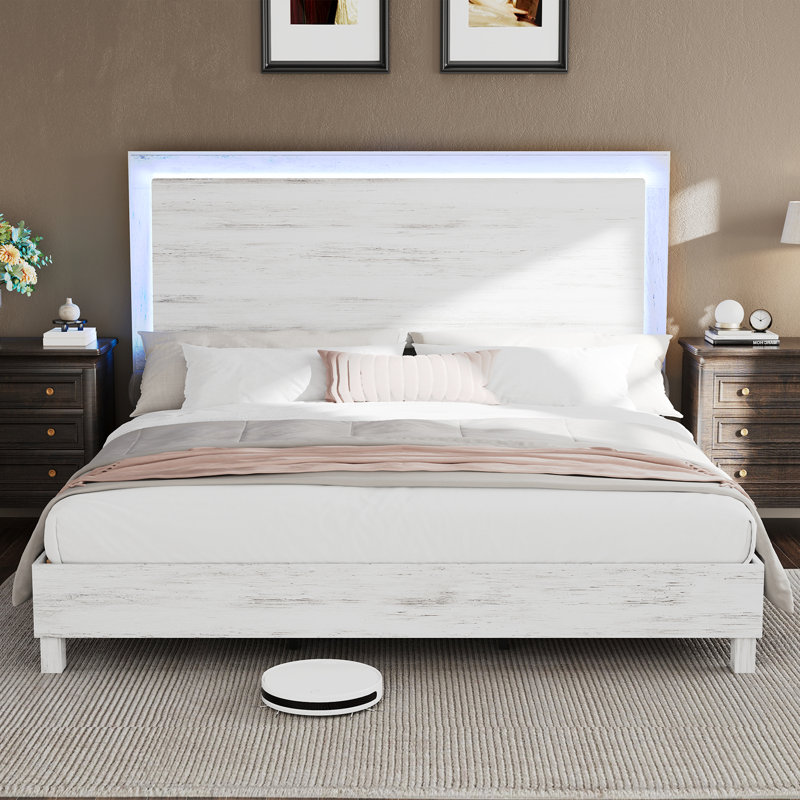 Carnbrock 47" Headboard Queen Platform Bed with LED Lights, White, Queen, White