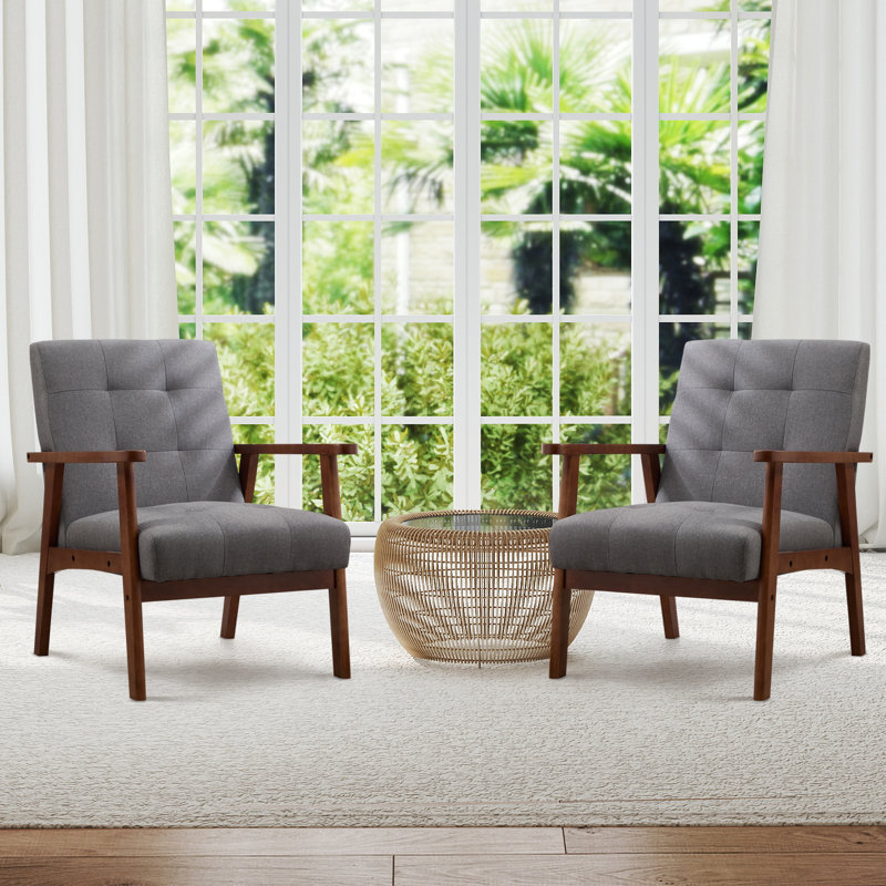 66cm wide Mid-Century Upholstered Accent Chair with Wooden Arms & Tufted Design (Set of 2), Grey