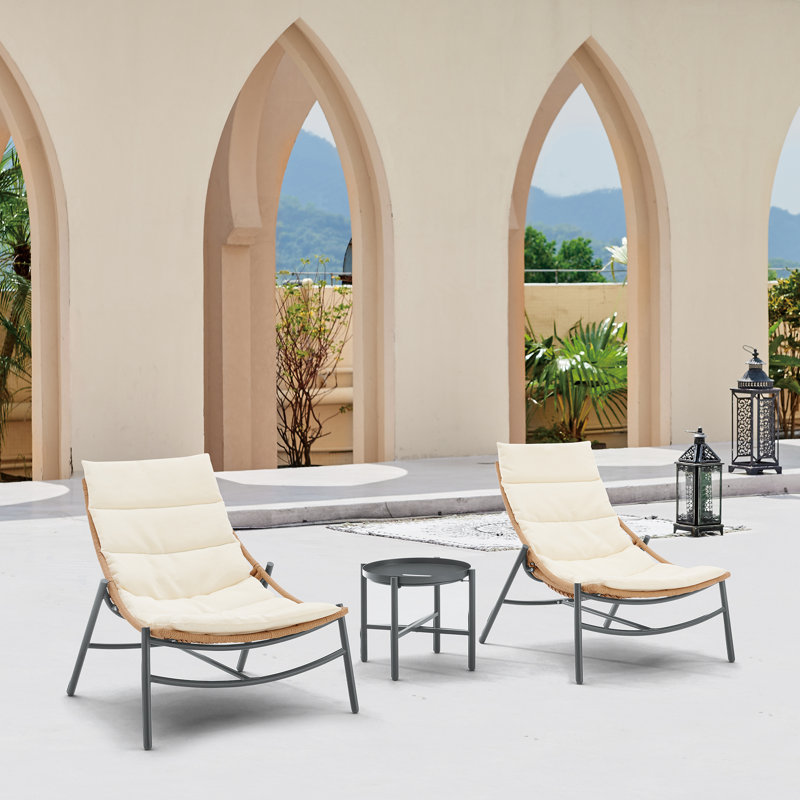 Cream Cushioned Steel Frame Outdoor Lounge Chair Set