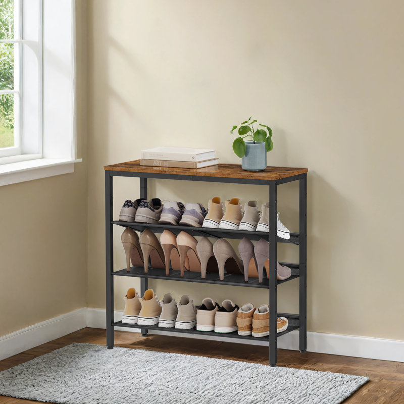 4 Tier 12 Pair Shoe Rack 29“W with adjustable shelves, Brown/Black, 29.8" H x 29" W x 11.4" D