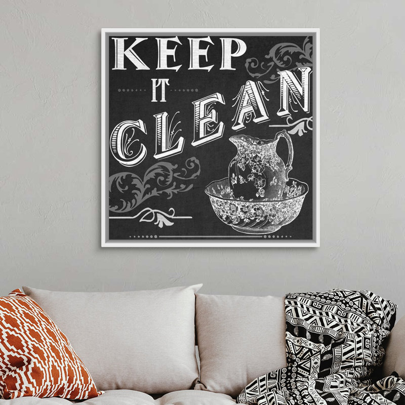 «Chalkboard Bath Signs IV», reproduction d'impression sur toile, Cadre flottant blanc, H 37,7 po x l 37,7 po x P 1,75 po