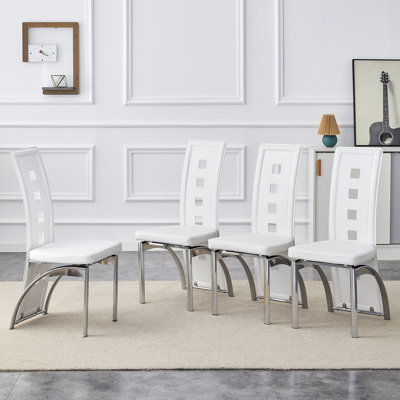 Modern Faux Leather Upholstered Dining Chair with Curved Metal Legs & Cut-out Back (Set of 4)