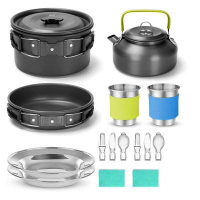 1 Set Camping Cookware Kit with Folding Pot Pan Kettle Spoon Fork Cup 2 Person Outdoor Backpacking Hiking Portable Non-stick Metal Cookware