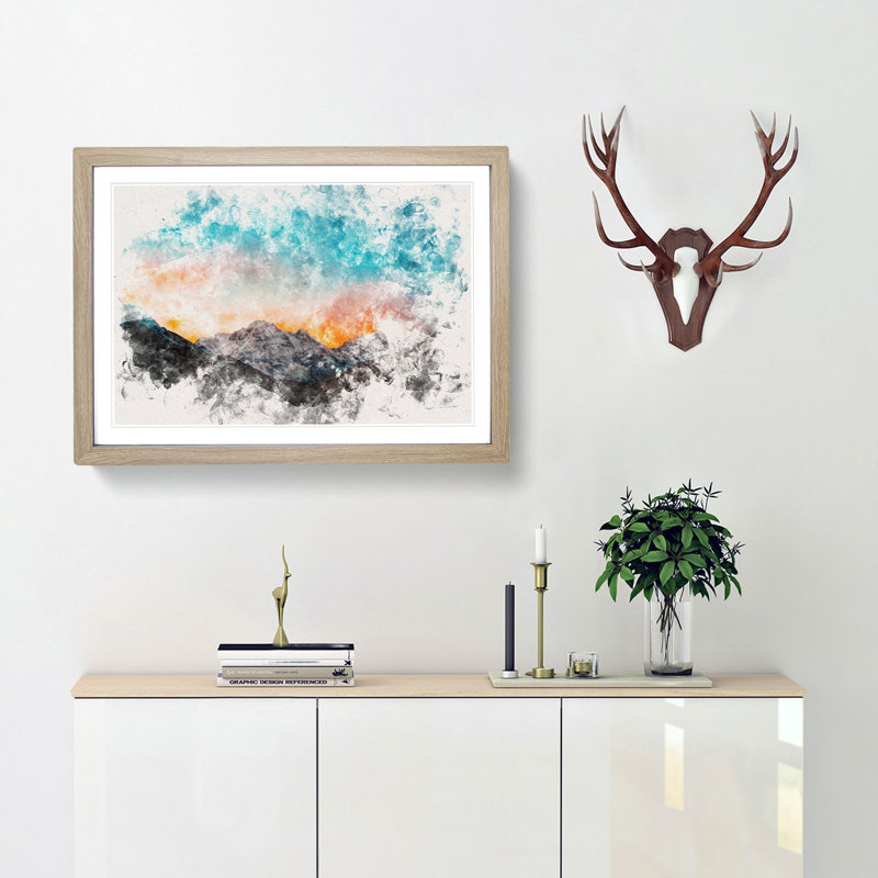 Sunrise over a Mountain - Picture Frame Graphic Art Print, 45cm H x 63cm W x 2cm D, Oak Framed