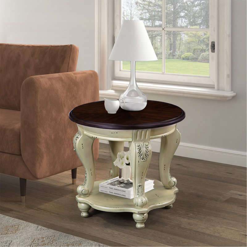Table de bout ronde 22 pouces deux tons, canapé en bois massif avec tablette, table de coin de salon facile à assembler, plateau beige et espresso