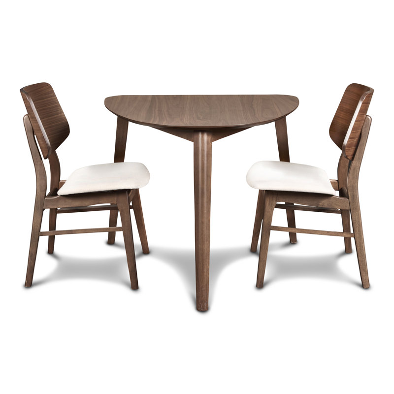 Lyan 3-Piece Wood Dining Set with Corner Table And 2 Chairs, Walnut/Beige