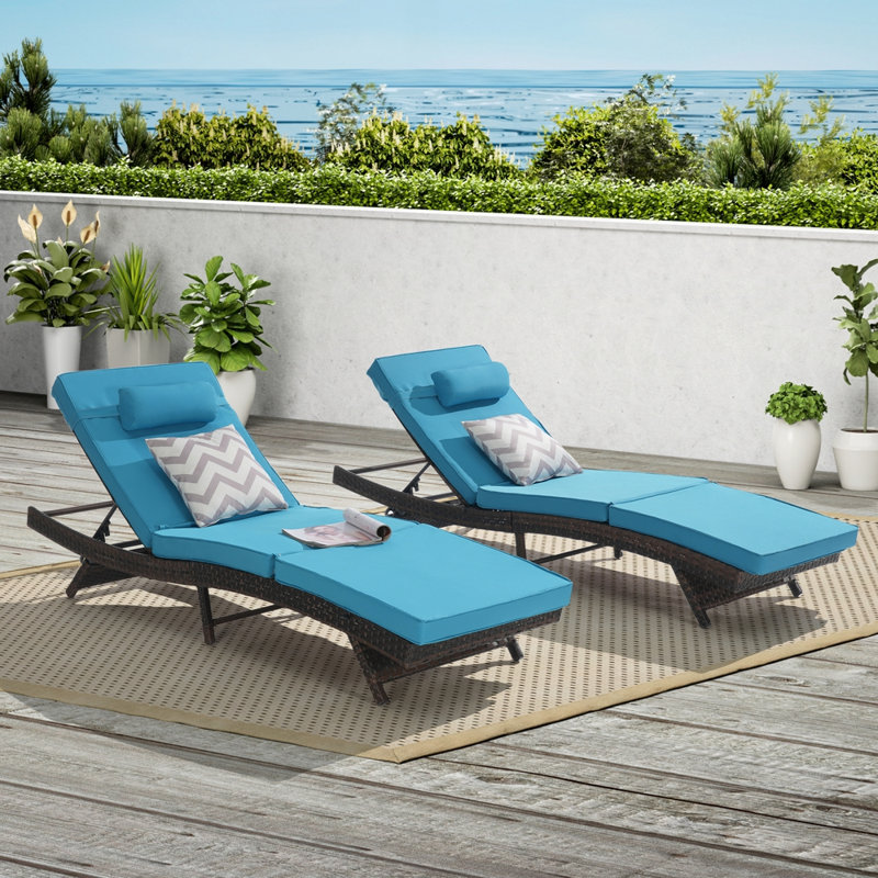 Outdoor Wicker Long Reclining Chair Set of 2, Light Blue
