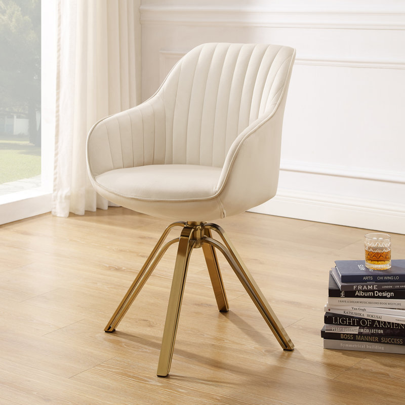 Brilliana Velvet Swivel Accent Chair, Off White Velvet, Golden