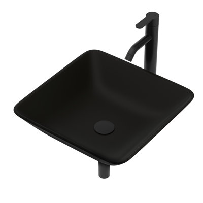 Contemporary Tempered Glass Sink - Matte Black Faucet And Pop-Up Drain Bathroom Wash