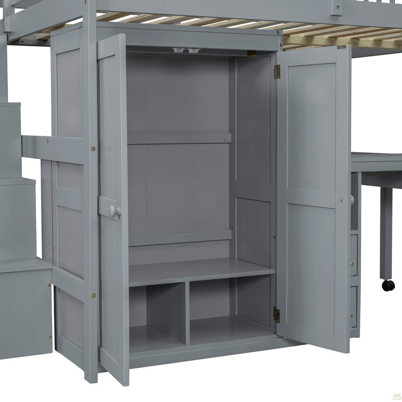 Lit mezzanine double avec escalier, bibliothèque, tiroirs, bureau et garde-robe, Grey