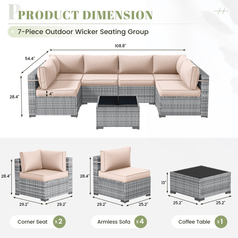 Cawanna 7-Piece Outdoor Rattan Seating Group with Cushions, Beige, No