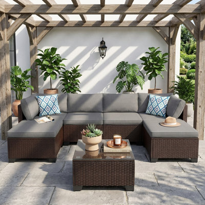 7-Piece Outdoor PE Rattan Modular Sectional Sofa Set With Soft Cushions & Coffee Table - Free Combination Patio Furniture For Garden/Patio
