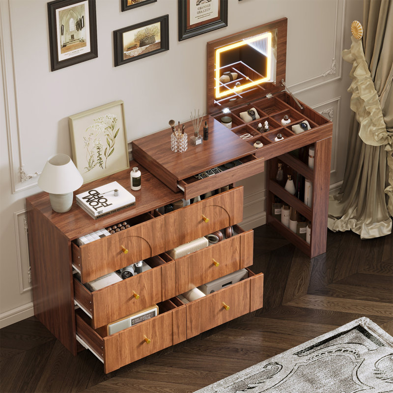 Bureau de coiffeuse avec miroir et lumières, Noyer