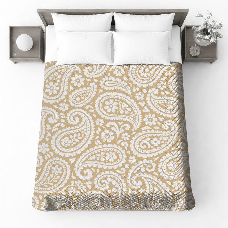 Beige Paisley Pattern Quilted Thin Bedspread, Twin