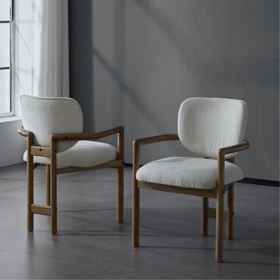 Ensemble de 2 chaises de salle à manger avec accoudoirs rembourrés, sièges d'appoint en bois d'hévéa et tissu blanc, capacité de poids de 300 lb