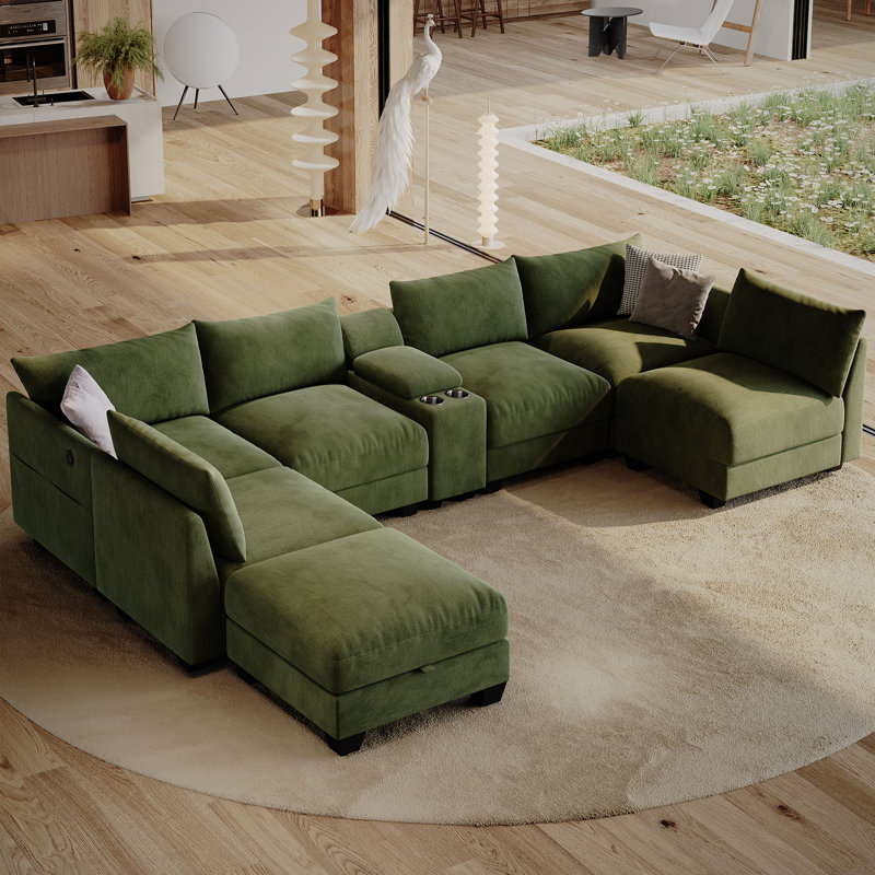 Amold 136 '' Modern U-shaped Sectional Sofa, Living Room Modular Cloud Couch With Ottoman And Console, Green 