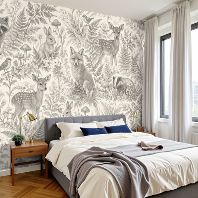 Papier peint adhésif auto-adhésif faune sauvage, lapin, lapin, cerf, oiseaux, fougères, papier peint amovible en PVC 100 po x l 144 po, pour mur, salon, bureau à domicile