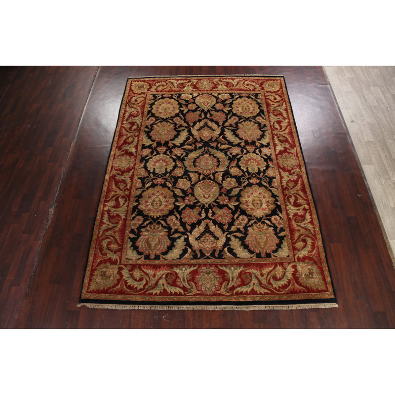 Tapis floral noir / brun / rouge en laine noué à la main Floral, Rectangle 8 pi 1 po x 11 pi 2 po