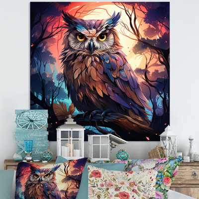 «Blue Mysterious Owl Forest II», art mural hibou en métal