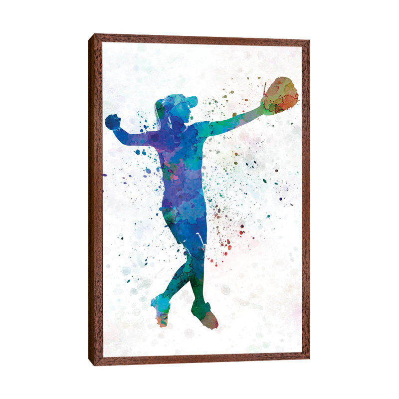 Women Playing Softball II by Paul Rommer - Painting on Canvas, 101.6 cm H x 66.04 cm W, Classic Brown Wood Framed