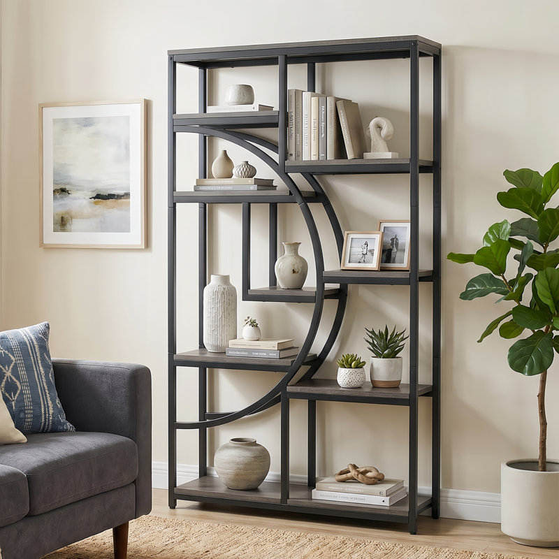 Oscer Industrial 5 Tier Etagere Bookcase, Rustic Gray